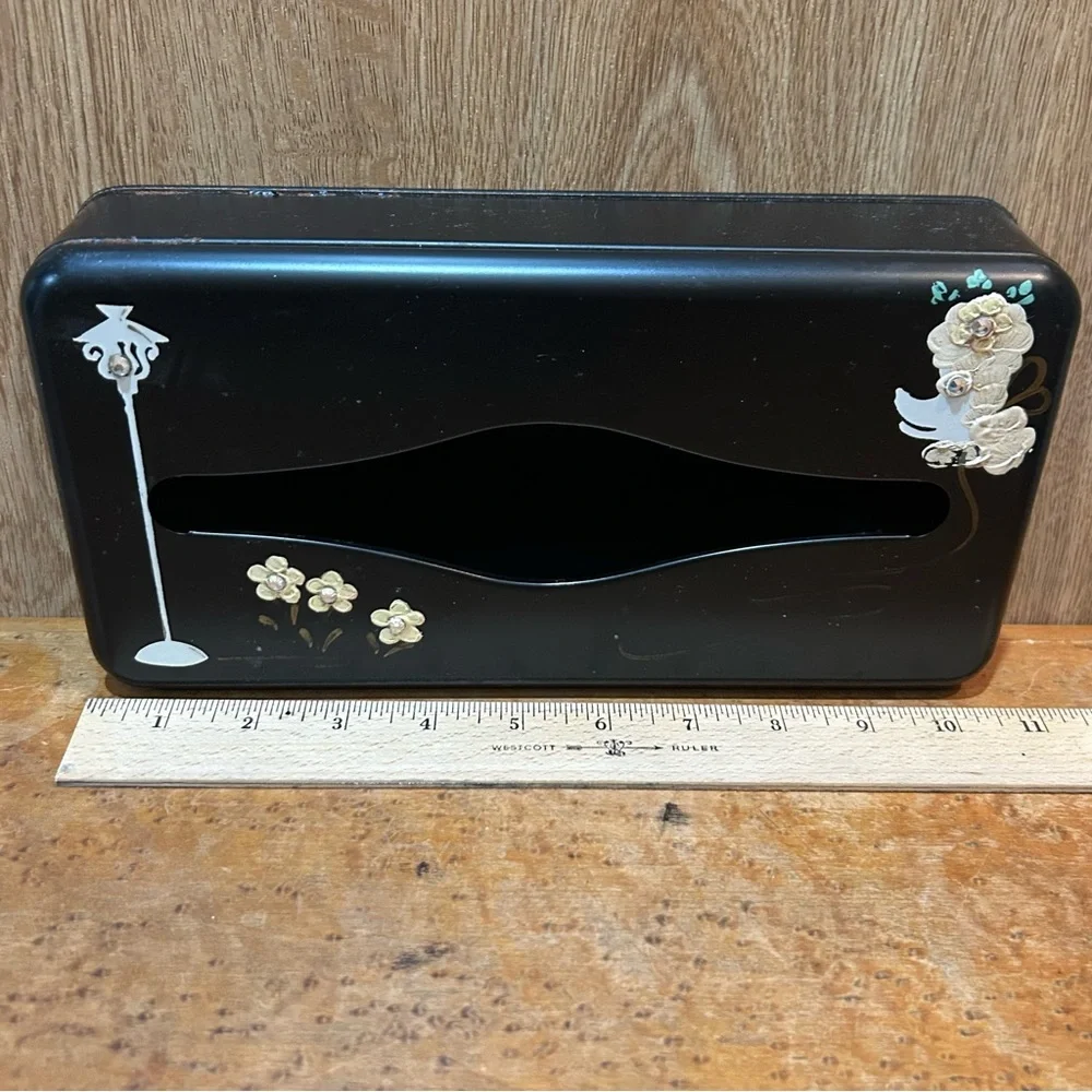 Vintage Ransburg Black Metal Tissue Box Holder French Painted Poodle Rhinestones